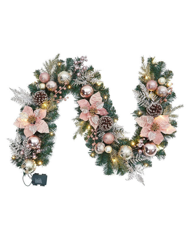 Christmas Garland with Lights, 6ft Pre Lit Outdoor Xmas Garland with Timer 20 LED Lights Pinecones Rose Gold Ball Ornaments