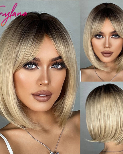 White Blonde Gray Synthetic Wigs with Bangs Short Straight Bob Hair Wig for Women Cosplay Daily Natural Hair Heat Resistant
