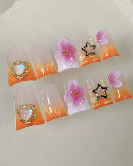 10pcs Handmade Press On Nail Gradient Vitality Orange French Style Fake Nails Y2k Star 3D Carving Flower Decor Summer False Nail