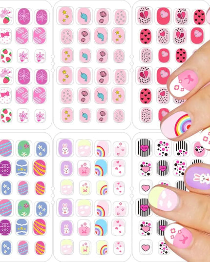 24Pcs Kids Press on Nails Children Fake Nails Girls Full Cover Short False Fingernails for Kids Design Decoration Lovely Pattern