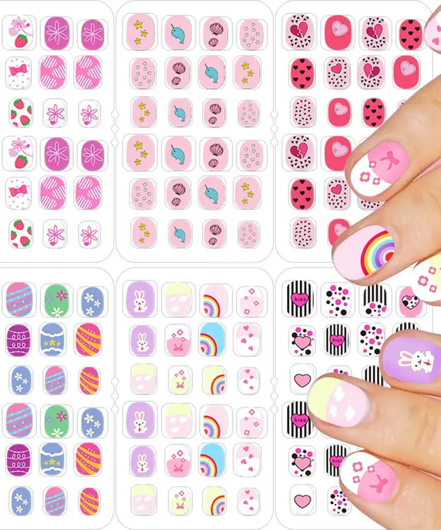 24Pcs Kids Press on Nails Children Fake Nails Girls Full Cover Short False Fingernails for Kids Design Decoration Lovely Pattern