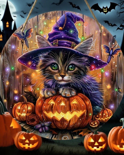 Spooky Halloween Wooden Door Sign with Black Cat and Witch Hat Print - Round Shape Wreath Door Hanger for Party Decorations and