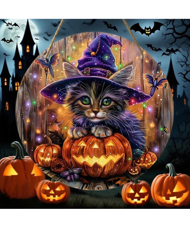 Spooky Halloween Wooden Door Sign with Black Cat and Witch Hat Print - Round Shape Wreath Door Hanger for Party Decorations and