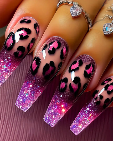 Medium long fake nails for women girls Y2K colorful gradient leopard print Pink green coffee coffin tips press on false nail set