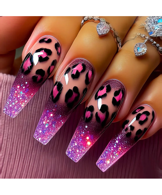 Medium long fake nails for women girls Y2K colorful gradient leopard print Pink green coffee coffin tips press on false nail set