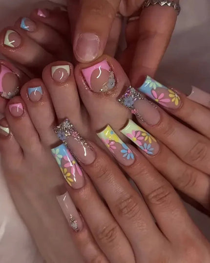 48pcs Sweet Summer Press on Nails Set Ins Beach Wearable French False Toenails Reusable Sweet Korean Flower Print Fake Nail Tips