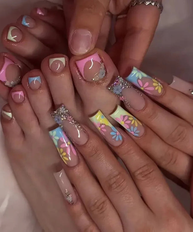 48pcs Sweet Summer Press on Nails Set Ins Beach Wearable French False Toenails Reusable Sweet Korean Flower Print Fake Nail Tips