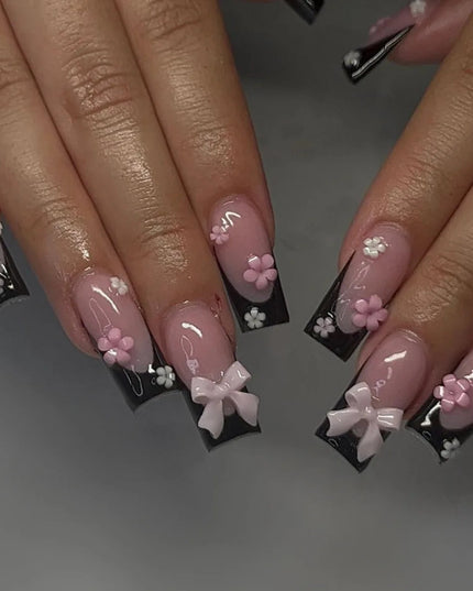 Black Y2K Press on Nails Long Coffin Pink Fake Nails with Diamond Designs Gradient Color Wearable False Nail for Women 2025 New