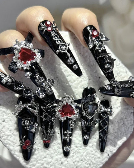 Menhera Y2K Spice Girls Black Red Long Tip Handmade Press On Nails Cross Spider Love Diamond Fake Nails Bow Cool Dark Nail Art