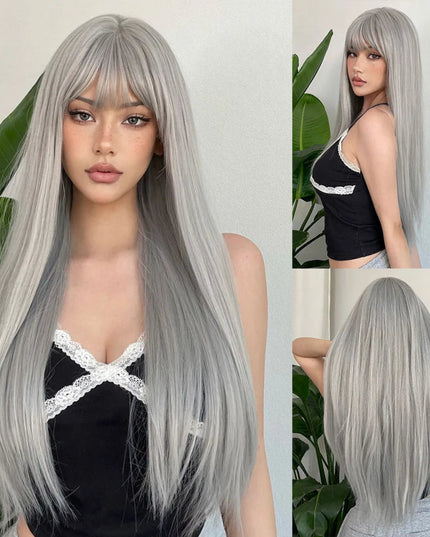 HENRY MARGU White Long Straight Synthetic Wigs for Women Colorful Cosplay Party Fake Hair with Bangs White Wig HighTemperature