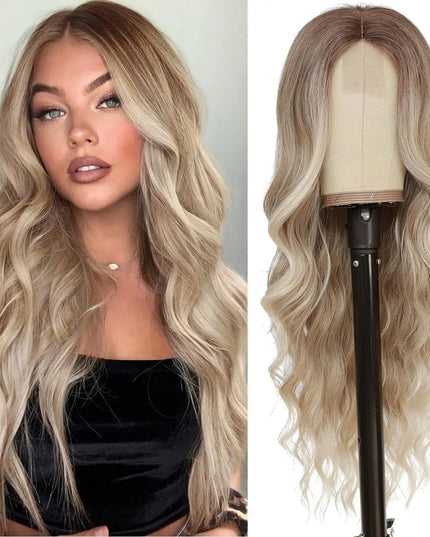 Synthetic Long Lace Ombre Blonde Wavy Wig for Women 26 Inch Middle Part Curly Natural Looking Heat Resistant Fiber for Daily