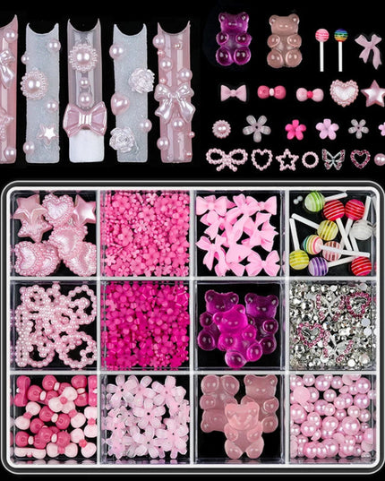 12 Grid Nail Resin Bowknot Bear Nails Art Charms Bowknots Heart Flower Kawaii Diy Decor Lollipop 3D Manicure Rhinestone Tools
