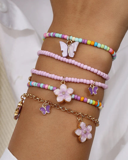 Aihua Cute Girls Purple Butterfly Seed Beaded Bracelet Set Handmade Kids Teen Friendship Best Friends Gifts Jewelry Sets