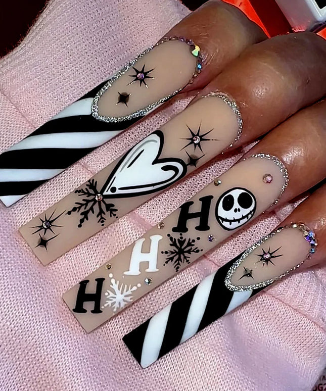 Scary Blood Skull Fake Nails Long Coffin Ballet Halloween Style False Nails 24pcs Wearable Press on Nail tips for Halloween Gift