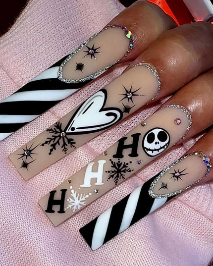 Scary Blood Skull Fake Nails Long Coffin Ballet Halloween Style False Nails 24pcs Wearable Press on Nail tips for Halloween Gift