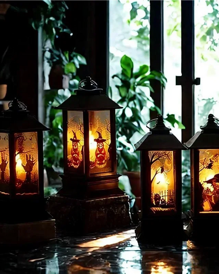 Mystical Halloween LED Lanterns Witch Castle Ghost Pumpkin Decor with Dangling Candle Lights Perfect Gift