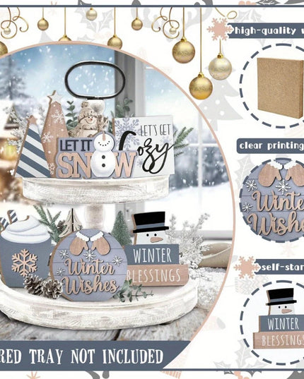 6pcs/set Snowman Christmas Tiered Tray Set Wooden Decoration Set Farmhouse Christmas Decor Bell Coffee Cup Snowflake Wooden Sign