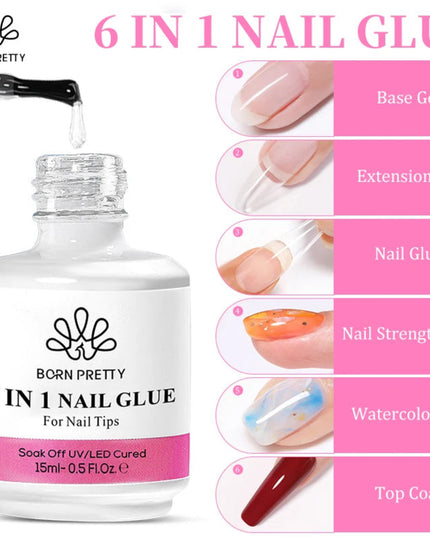 BORN PRETTY 15/10ML 6 IN 1 Nail Glue Gel for Acrylic Nails Soak off Base Gel Top Coat UV Extension Nail Gel False Nail Tips Gel