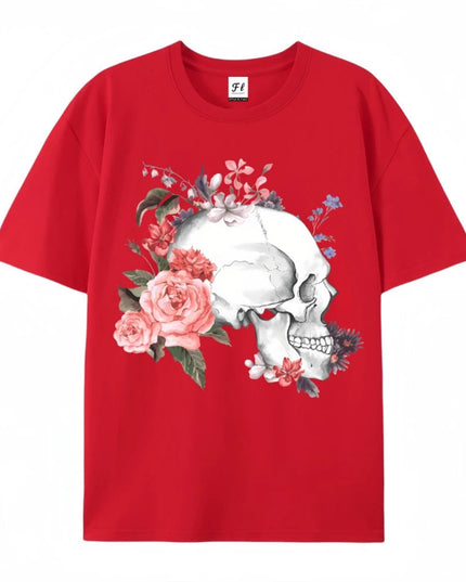 Skull And Flower Summer Print T-shirt Cotton Graphic Tees Y2k Street Wear Men Clothing New Cartoon Short Sleeve