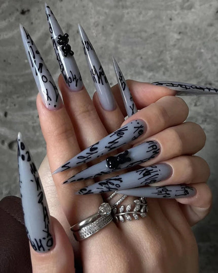 24Pcs Horror Comic Tomie Press on Nails Almond Glossy Black Japanese Anime Nails Reusable Halloween False Nail Tips for Girls