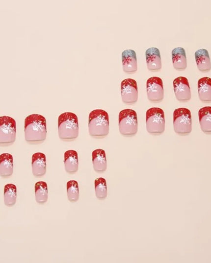 24Pcs Christmas Snowflake Press On Nails Short Square French Tip Glitter Design Fake Nails Full Cover Stick On Winter Holiday F