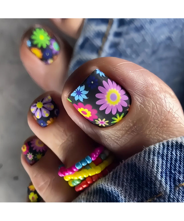 24pcs/set short square toe nails Colorful Flower summer fake nail tips glitter rhinestones floral press on false nail art kit