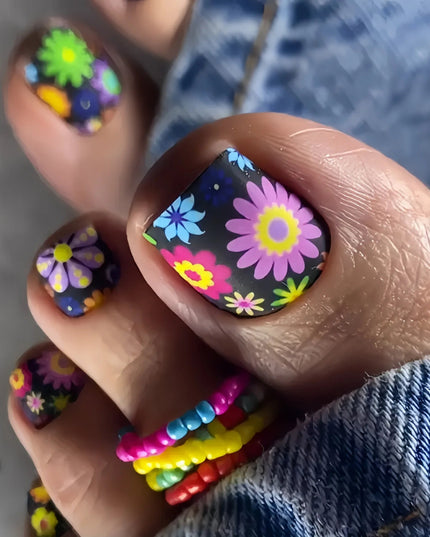 24pcs/set short square teo nails Colorful Flower summer fake nail tips glitter rhinestones floral press on false nail art kit