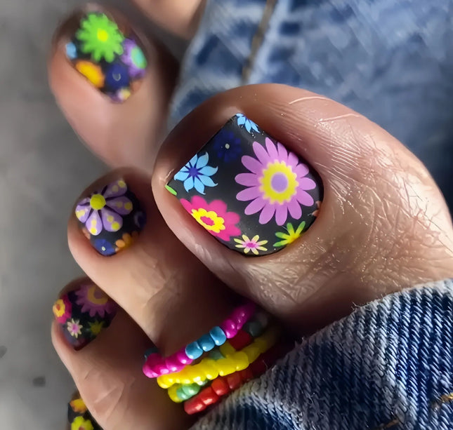 24pcs/set short square teo nails Colorful Flower summer fake nail tips glitter rhinestones floral press on false nail art kit