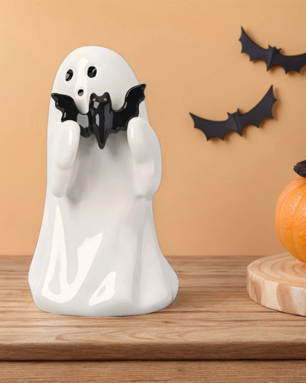 2Pcs Cute Ghost Hold Pumpkin Statue Spooky Resin Ghost Bat Figurine Spooky Ghost Desktop Sculpture Halloween Home Office Decor