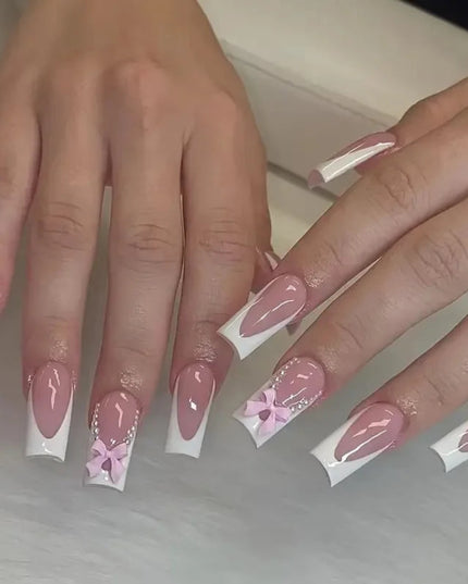 24Pcs Pink French Style Fake Nails 3D Bowknot Designs Short Square Press on Nails Sweet Korean Fashion False Nail for Women Girl