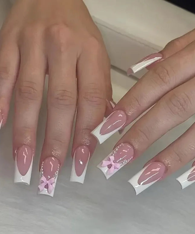 24Pcs Pink French Style Fake Nails 3D Bowknot Designs Short Square Press on Nails Sweet Korean Fashion False Nail for Women Girl
