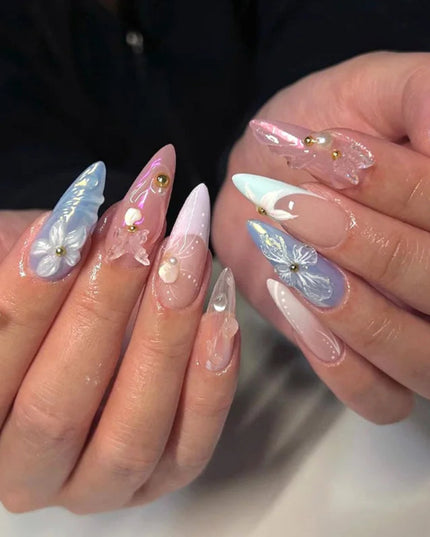 24pcs Almond False Nails Tips Summer Beach Colorful Nails Sets with Pearl Flower Design Press on Nails Art Wearable Fake Nail