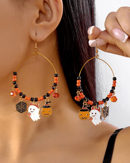 Halloween Cat Pumpkin Ghost Dangle Earrings for Women Fashion Crystal Beaded Round Circle Hoop Earrings Halloween Party Jewelry