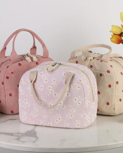 Strawberry/Daisy Corduroy Lunchbox Container Large Capacity Insulated Lunch Bag Multi-Function Cute Lunch Bag for Office School