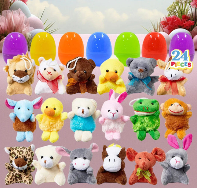 24 Pack Easter Basket Stuffers Filled with Plush Animal Toys Surprise Easter Eggs for Kids Easter Egg Hunt Game Classroom Prize