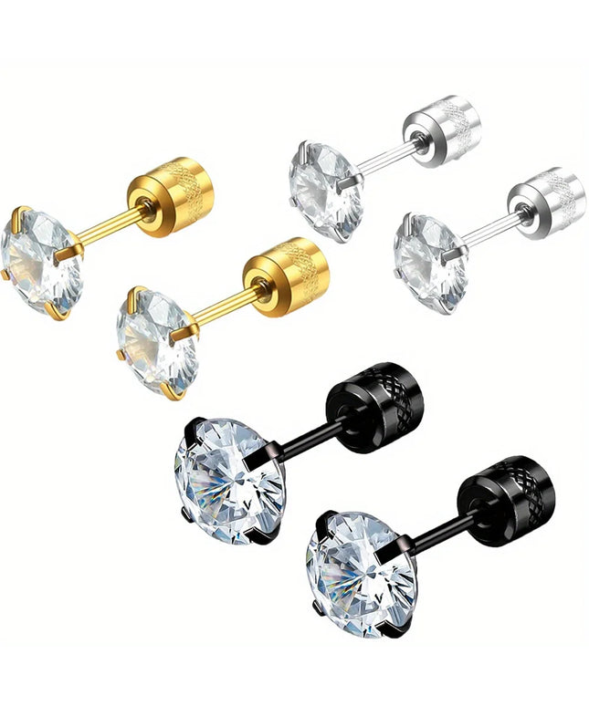 1 Pair Titanium Steel Spiral Earrings – Hypoallergenic Unisex Jewelry with Zircon Accents (Black/Silver/Gold)
