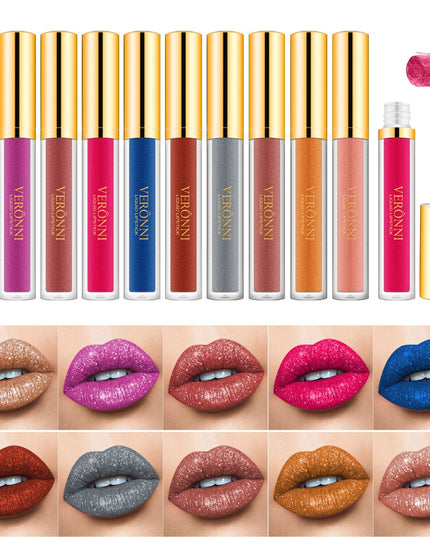 10-Shade Diamond Shine Lip Gloss High Pigment, Non Stick Cup SmudgeProof Long-Lasting for All Skin Types Glitter Liquid Lipstick
