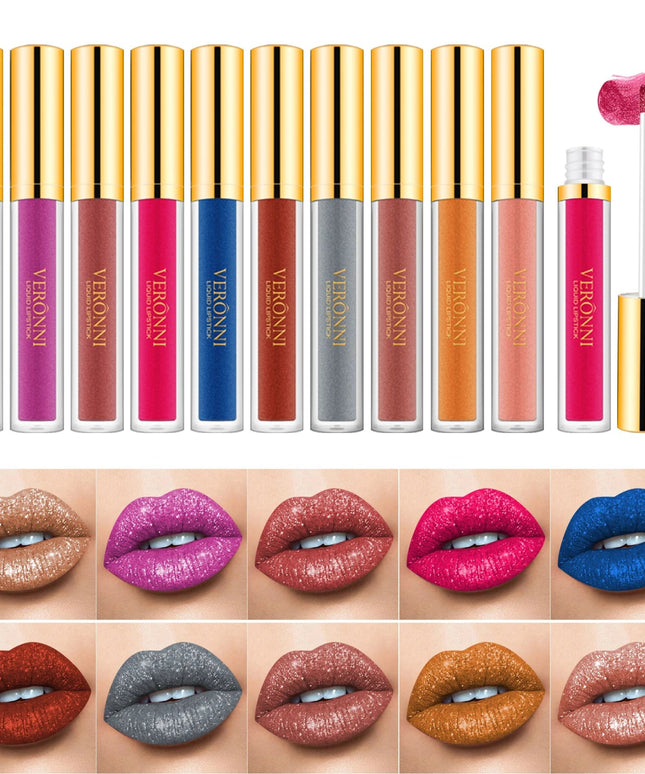 10-Shade Diamond Shine Lip Gloss High Pigment, Non Stick Cup SmudgeProof Long-Lasting for All Skin Types Glitter Liquid Lipstick