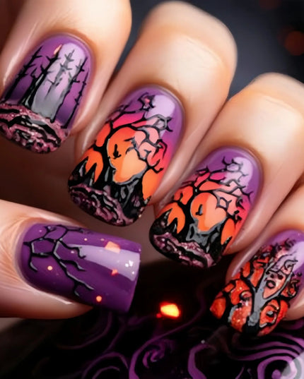 24PCS Halloween Medium Square False Nails with Glue Pumpkin Spider Web Patterns French Press on Nails Full Cover Wearable Nails