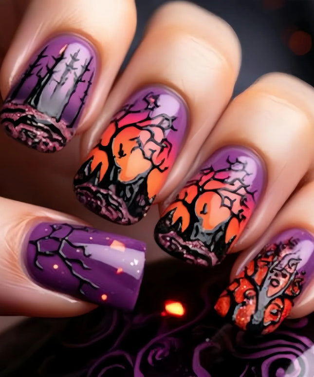 24PCS Halloween Medium Square False Nails with Glue Pumpkin Spider Web Patterns French Press on Nails Full Cover Wearable Nails