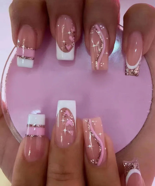 Fashion Colorful Butterfly False Nail Tips With Designs French Coffin Manicure Middle Long Ballerina Fake Nails Set Press on Nai