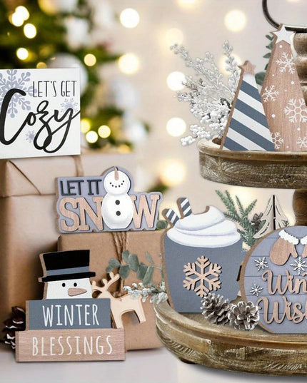 6pcs/set Snowman Christmas Tiered Tray Set Wooden Decoration Set Farmhouse Christmas Decor Bell Coffee Cup Snowflake Wooden Sign