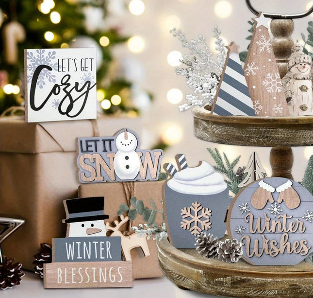 6pcs/set Snowman Christmas Tiered Tray Set Wooden Decoration Set Farmhouse Christmas Decor Bell Coffee Cup Snowflake Wooden Sign