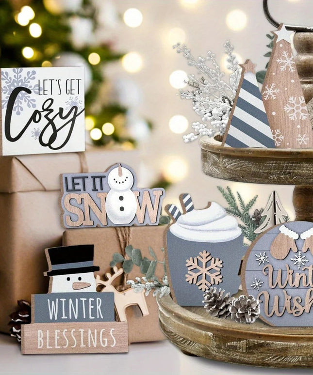 6pcs/set Snowman Christmas Tiered Tray Set Wooden Decoration Set Farmhouse Christmas Decor Bell Coffee Cup Snowflake Wooden Sign