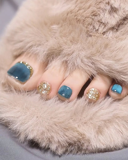 Nude Color False Toenail with Rhinestones Short Square Style Glossy False Nail with Glue for Women and Girl Party Activity