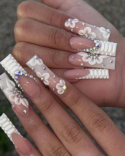Rhinestone Embellished White Fake Nails Long Square UV Gel Cool Color Nails for Dance Parties Weekend Trips Parties