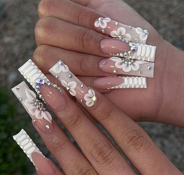 Rhinestone Embellished White Fake Nails Long Square UV Gel Cool Color Nails for Dance Parties Weekend Trips Parties