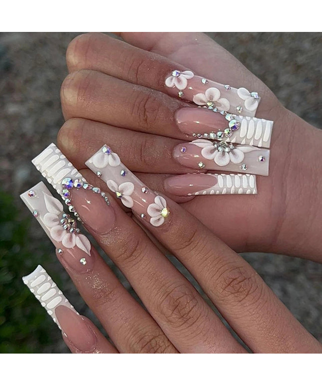 Rhinestone Embellished White Fake Nails Long Square UV Gel Cool Color Nails for Dance Parties Weekend Trips Parties