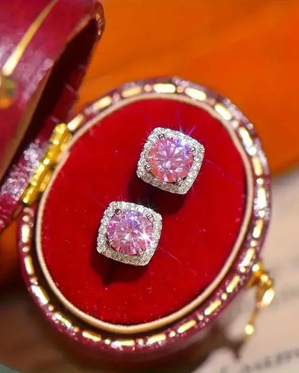 925 Silver Plating. 1 Carat Pink Moissanite* 2, Fashionable Earrings for Men and Women