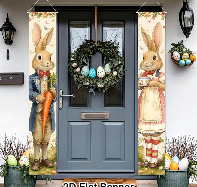 2pcs Happy Easter Bunny Door Banners Polyester Easter Egg Holiday Flags for Outdoor Indoor Spring Holiday Easter Decoration 2026
